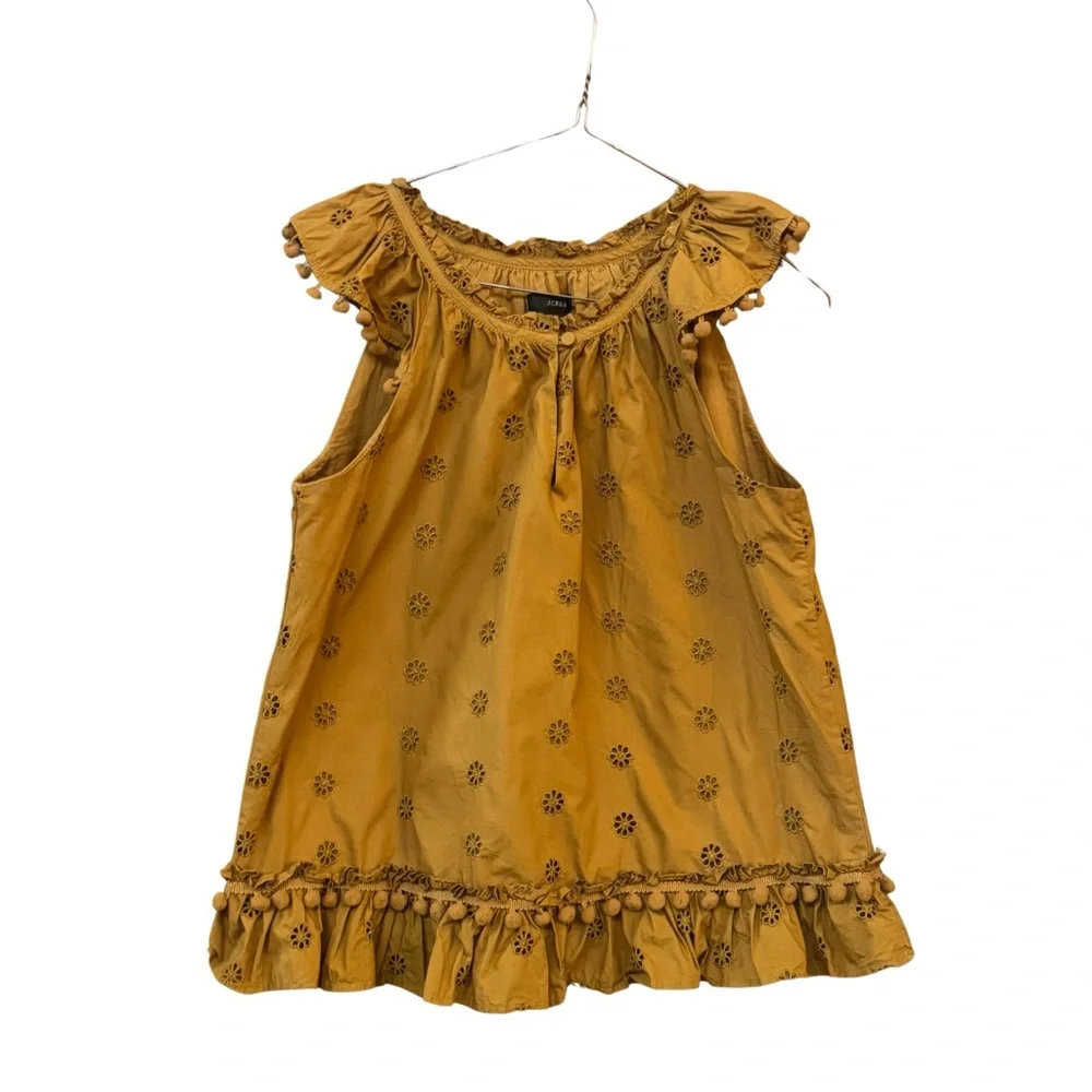 J Crew Mustard Yellow Sleeveless Eyelet Cotton Blouse with Floral Pattern (S)